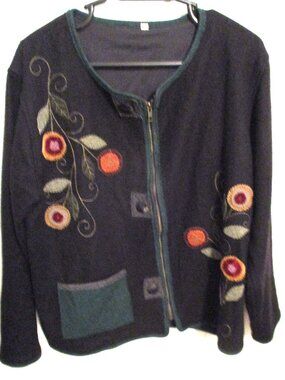 Unique vintage black wool zippered  jacket with applique; lined